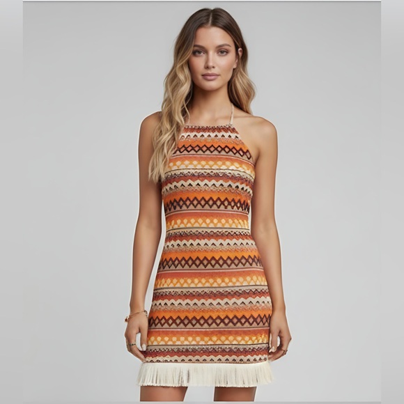 By Design Dresses & Skirts - Boho Halter Chevron Print Fringe Hem  Dress
